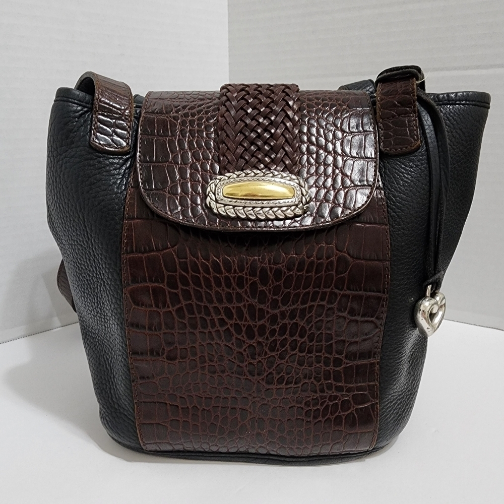 Brighton Leather Shoulder Bag Black Brown Croc Embossed Braided Boho